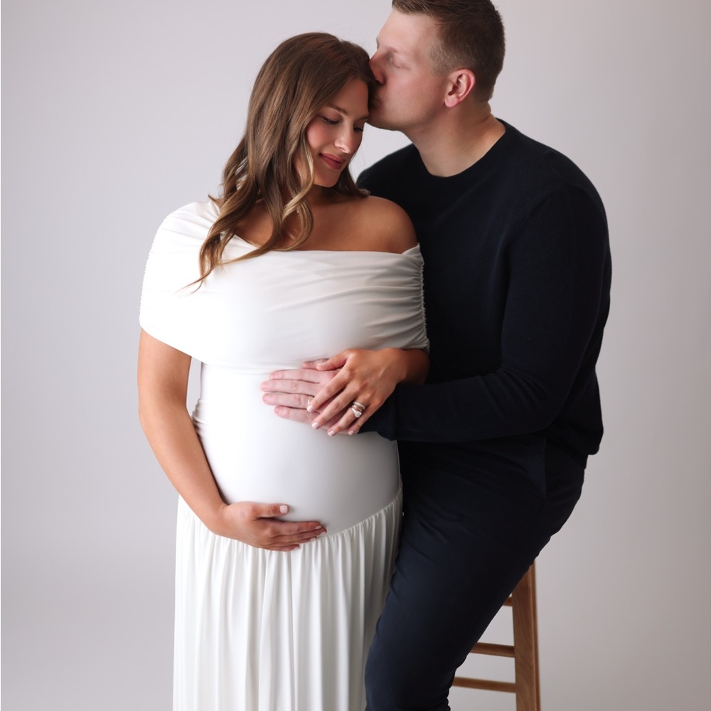 White Asymmetric-Neck Maternity Maxi Dress With Drop-Waist - Picture 7 of 9